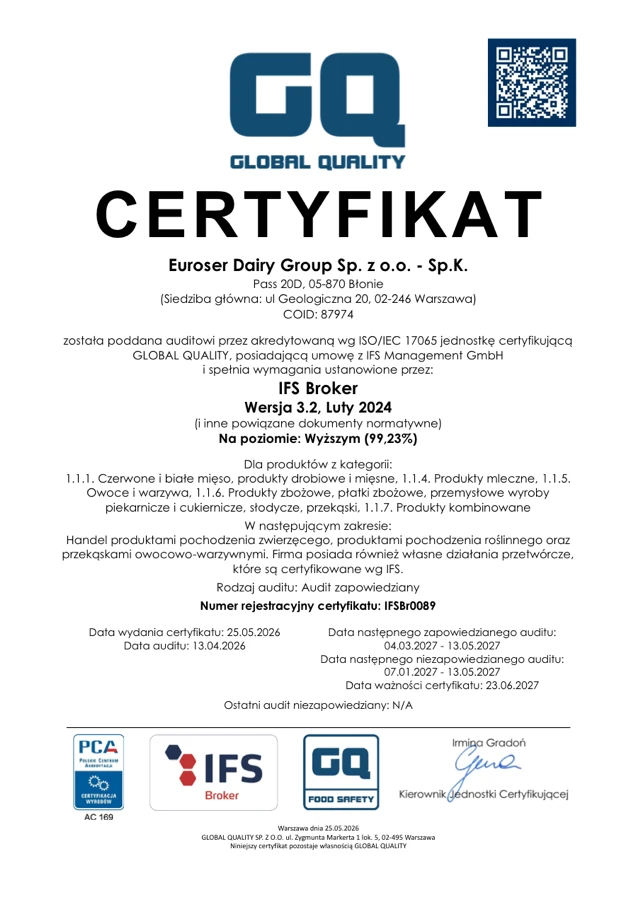 Certyfikat IFS Broker 2026 - Benning Cheese