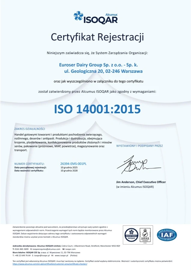 Certyfikat ISO 14001 - Benning Cheese