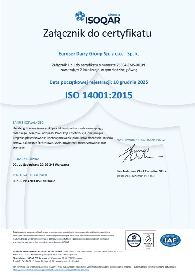 Załącznik do certyfikatu ISO 14001 - zakres